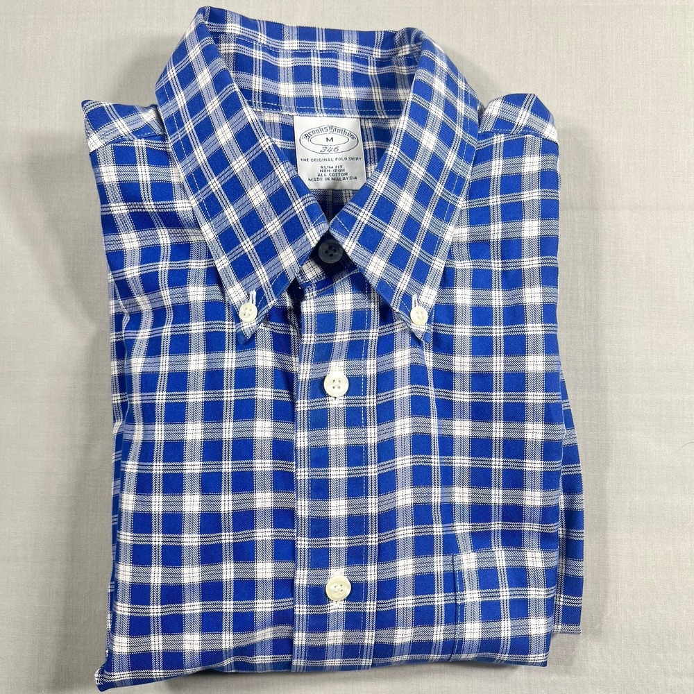 Brooks Brothers 346 Button Down Slim Fit Blue Check Mens Size M